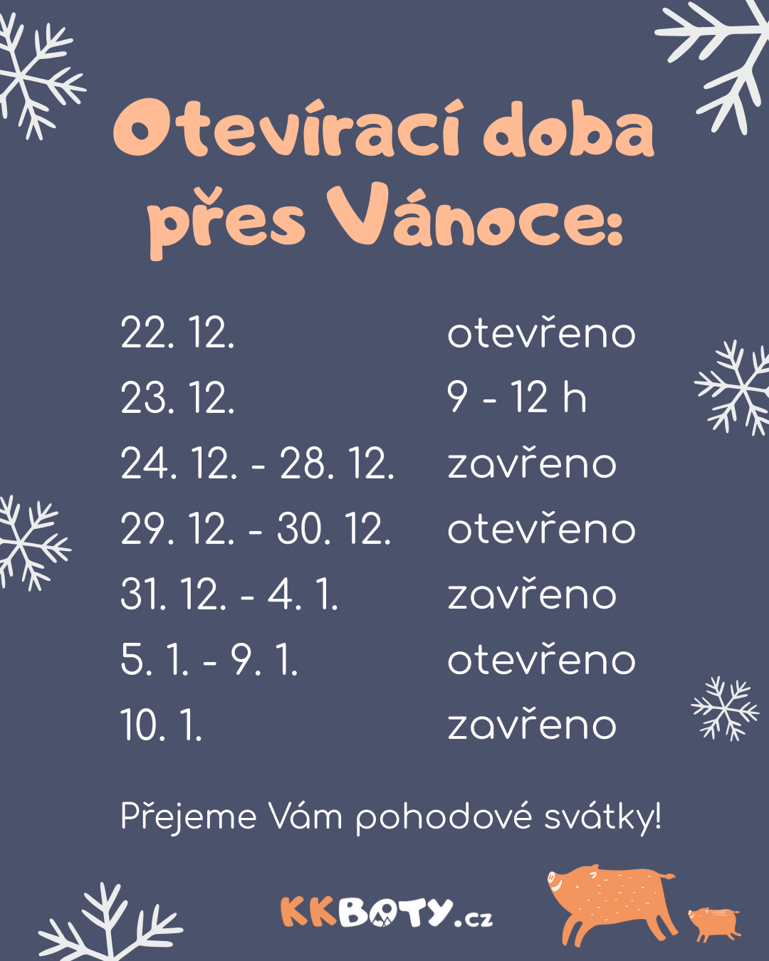 Otevírací doba přes Vánoce 2025 KKboty.cz